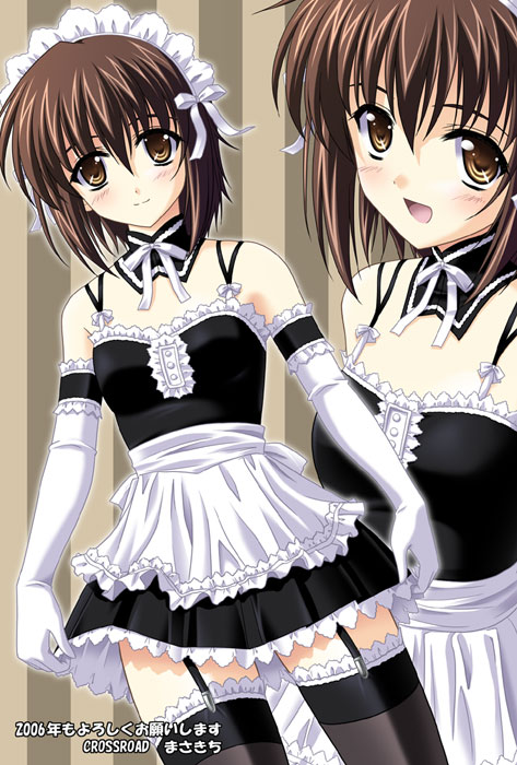 masakichi (crossroad), mamoru (sister princess), kore ga watashi no goshujin-sama, sister princess, 1girl, 2006, arm garter, bare shoulders, black thighhighs, blush, breasts, brown eyes, brown hair, cosplay, detached collar, dutch angle, elbow gloves, facing viewer, frilled gloves, frilled thighhighs, frills, garter straps, gloves, looking at viewer, maid, maid headdress, multiple views, nakabayashi yoshitaka's maid uniform, short hair, small breasts, smile, thighhighs, white gloves