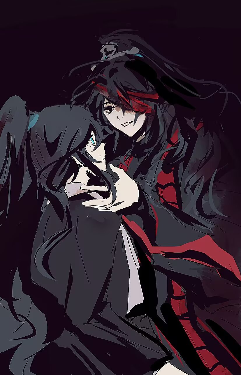 sixgod, hong lu (project moon), limbus company, project moon, highres, 2boys, bags under eyes, bandage over one eye, black background, black bodysuit, black coat, black eyes, black hair, black hanfu, black pants, blue eyes, bodysuit, bodysuit under clothes, chinese clothes, chinese hairpin, coat, cowboy shot, dot nose, dual persona, eye contact, family hierarch candidate (identity) (project moon), hair tie, hand on another's face, hanfu, high-waist pants, horrified, layered sleeves, lcb uniform (project moon), long hair, long sleeves, looking at another, male focus, multiple boys, open clothes, open coat, open mouth, pants, parted lips, pointy nose, ponytail, shirt, simple background, smile, teeth, turtleneck, turtleneck bodysuit, very long hair, white shirt, wide sleeves