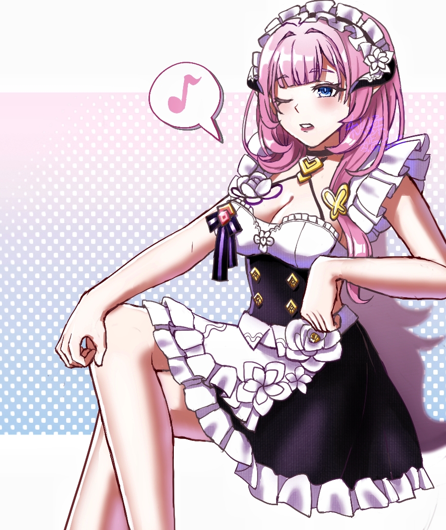 elysia (honkai impact), elysia (miss pink) (honkai impact), elysia (miss pink elf) (honkai impact), honkai (series), honkai impact 3rd, commentary request, 1girl, ;), apron, black dress, blue eyes, breasts, butterfly hair ornament, cleavage, crossed legs, dress, elf, fake horns, hair ornament, horns, large breasts, maid, maid apron, maid headdress, musical note, official alternate costume, one eye closed, pink hair, pointy ears, qiu rou yan ji, sitting, smile, solo, spoken musical note, white apron