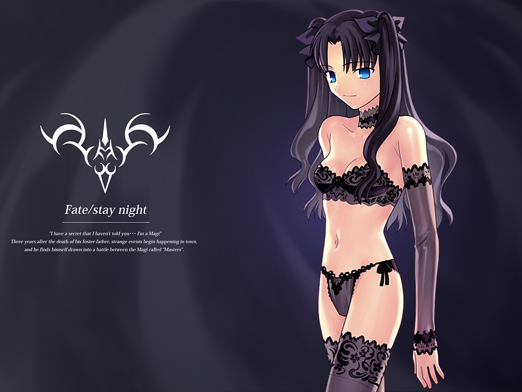 takeuchi takashi, tohsaka rin, fate/stay night, fate (series), 00s, 1girl, black hair, black panties, black thighhighs, blue eyes, bow, bow panties, bra, choker, detached sleeves, female focus, lace, lace-trimmed panties, lace trim, lingerie, panties, side-tie panties, solo, thighhighs, twintails, two side up, underwear, underwear only