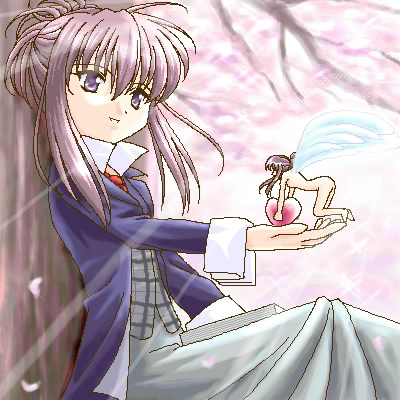 chikage (sister princess), sister princess, lowres, 00s, angel, heart, mini person, minigirl, oekaki, popped collar, sitting, solo, wings