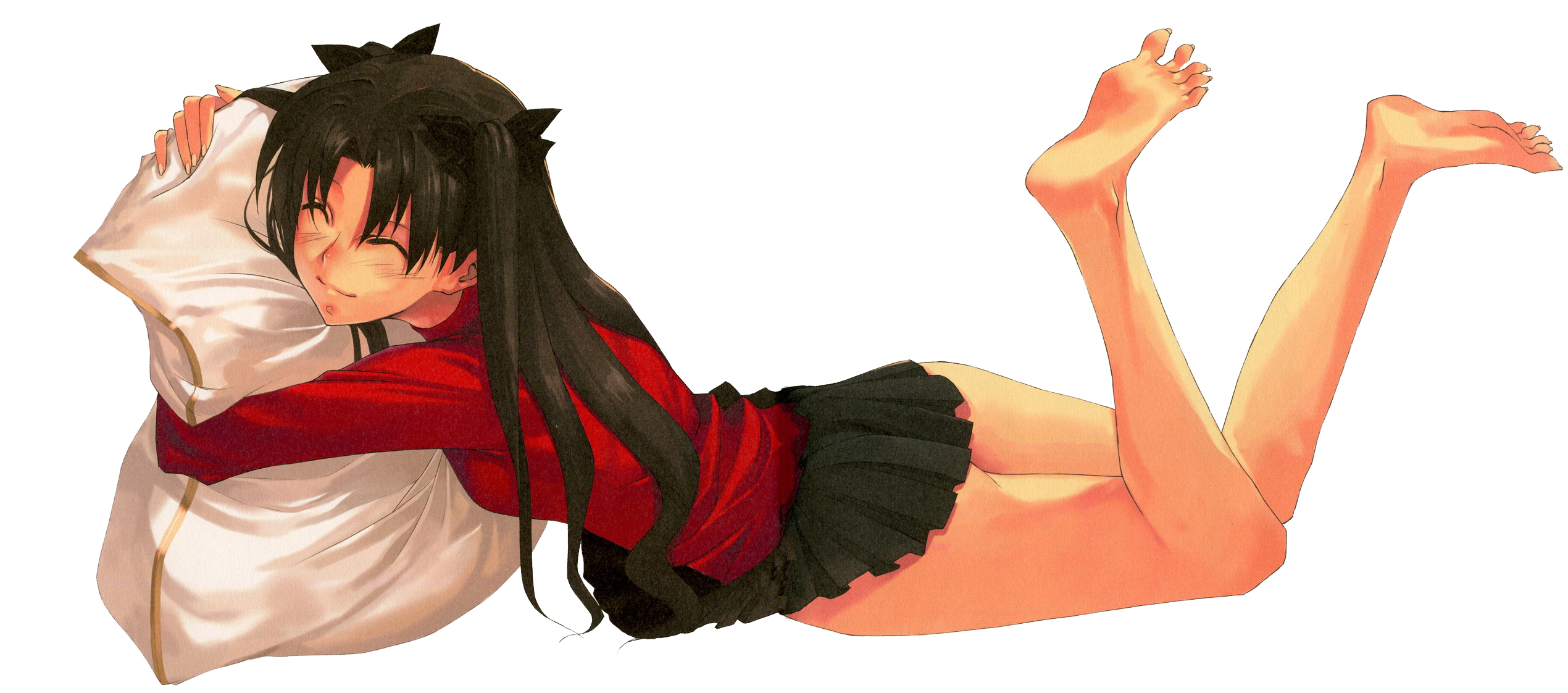 morii shizuki, tohsaka rin, fate/stay night, fate (series), highres, 00s, 1girl, bare legs, barefoot, black skirt, closed eyes, feet, female focus, full body, hugging object, legs, long legs, pillow, pillow hug, simple background, skirt, smile, solo, turtleneck, two side up, white background