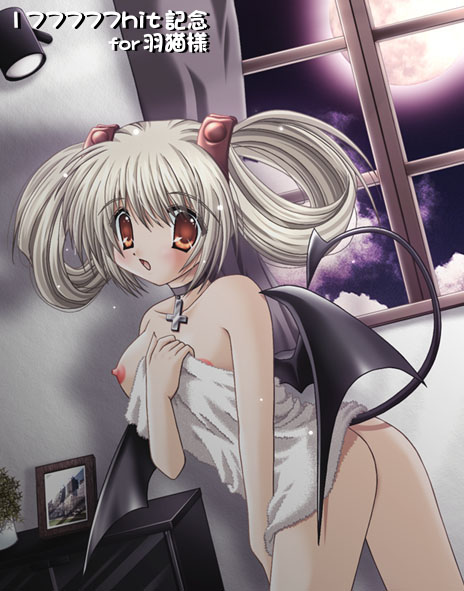 nekoneko, 1girl, ass, breasts, choker, demon, demon girl, female focus, hair rings, naked towel, nipple slip, nipples, solo, tail, towel, wings