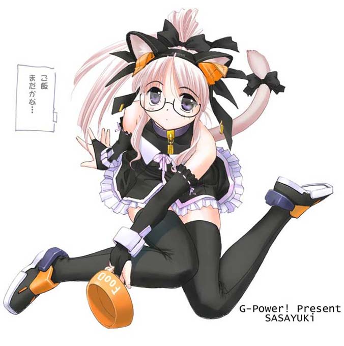 sasayuki, non-web source, translation request, 1girl, animal ears, arm support, black thighhighs, blue eyes, blush, bow, bowl, bridal gauntlets, cat ears, cat tail, collar, dress, elbow gloves, female focus, glasses, gloves, hair ribbon, long hair, maid, pink hair, ponytail, ribbon, simple background, sitting, solo, tail, thighhighs, zettai ryouiki
