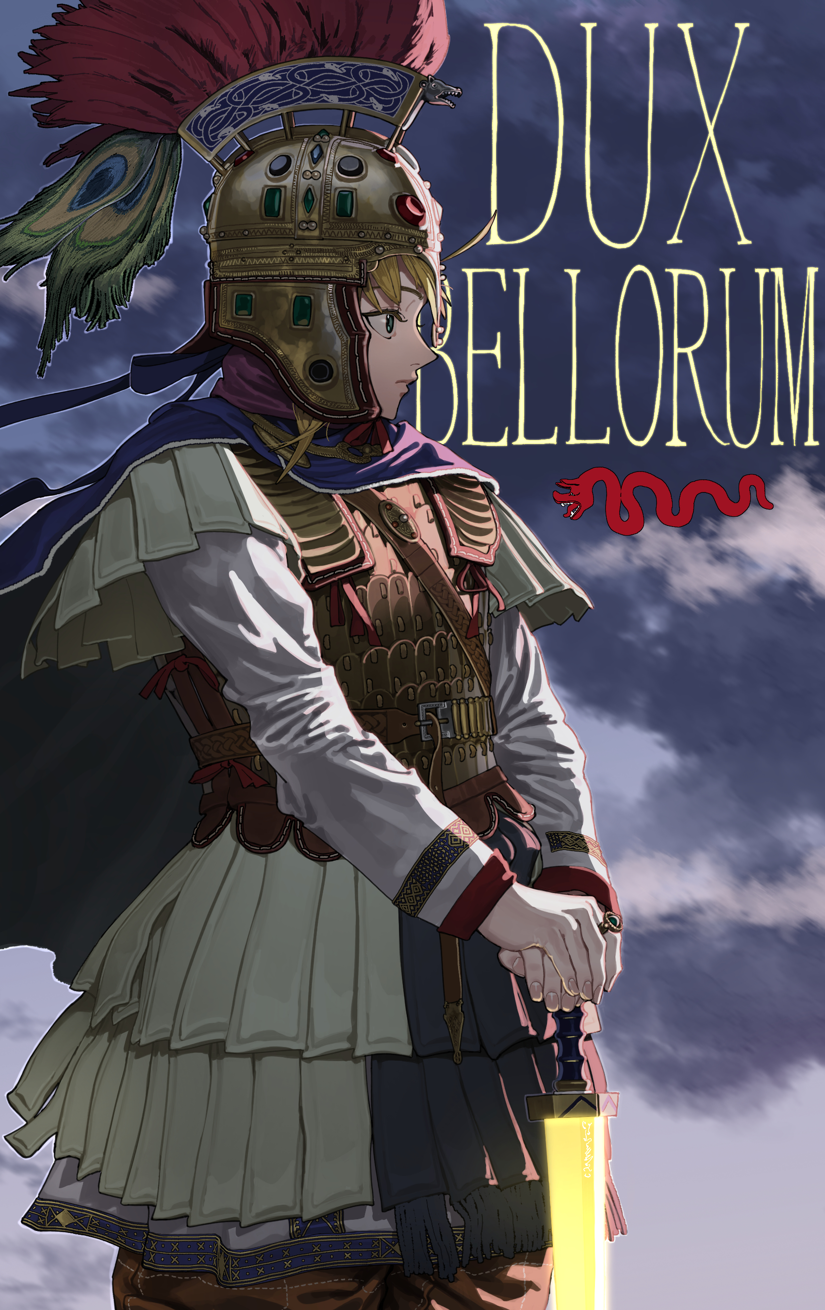 pzkpfwi, artoria pendragon (fate), fate/grand order, fate (series), absurdres, commentary, highres, 1girl, armor, blonde hair, blue cape, cape, cloud, greco-roman clothes, green eyes, hair between eyes, helmet, holding, holding weapon, jewelry, latin text, long sleeves, outdoors, plume, ring, roman armor, roman clothes, roman empire, sky, snake, solo, spatha, sword, upper body, weapon