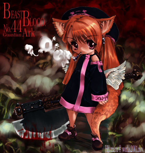hitomaru, non-web source, animal ears, axe, blood, cat ears, cat tail, chibi, chibi only, detached sleeves, fox, fox ears, fox tail, hat, orange hair, red eyes, smoking, solo, tail, weapon, wings