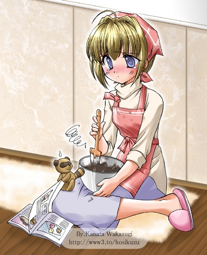 wakasugi kanata, original, lowres, 1girl, ahoge, apron, blush, book, chocolate, chocolate making, cooking, female focus, raccoon, sleeves rolled up, solo, tears, valentine