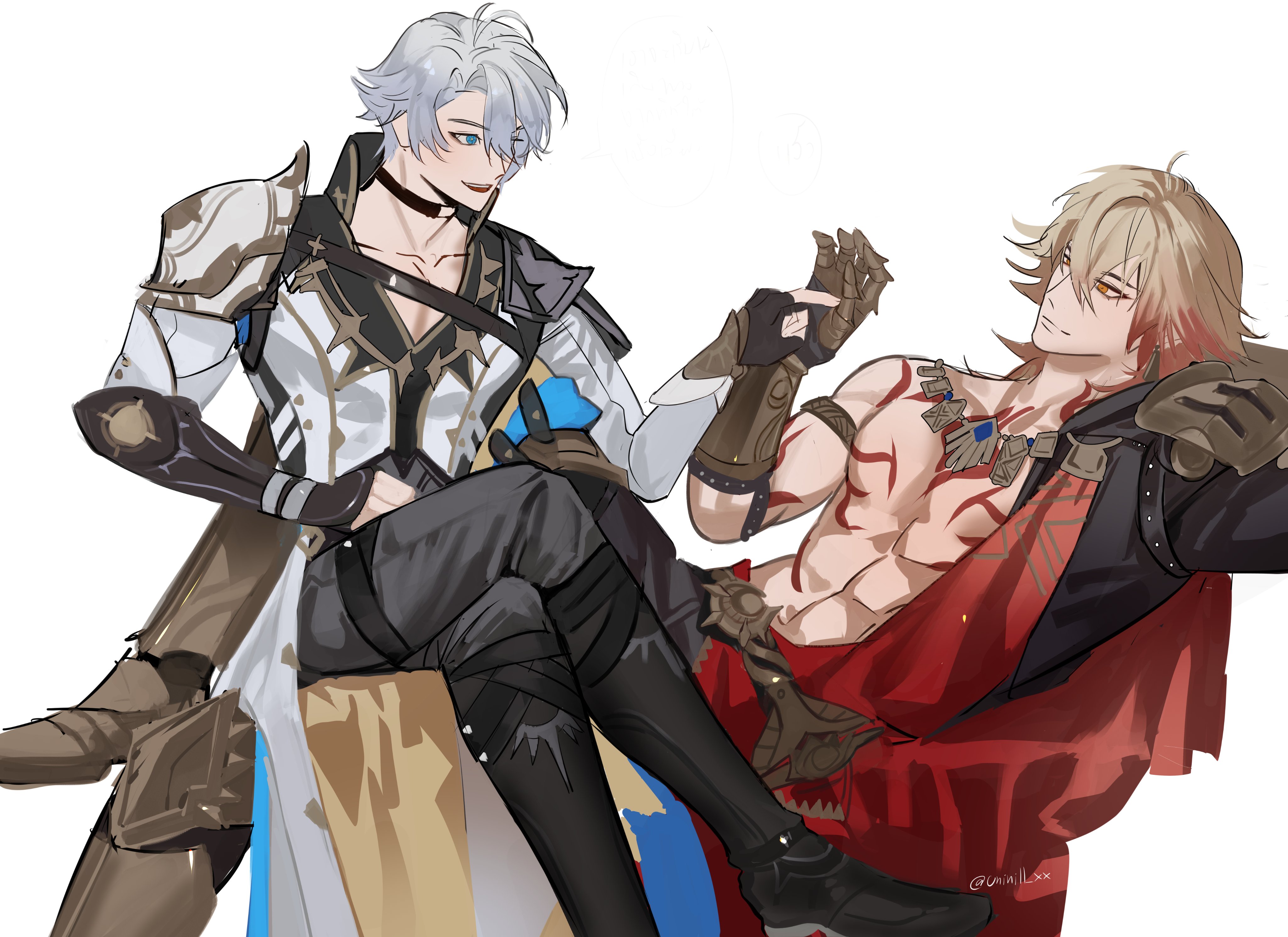 uninill xx, mydei (honkai: star rail), phainon (honkai: star rail), honkai: star rail, honkai (series), absurdres, commentary, highres, 2boys, abs, antenna hair, arm tattoo, armlet, armor, armored boots, black choker, black coat, black gloves, black pants, black shirt, blonde hair, blue cape, blue eyes, boots, braid, cape, chest tattoo, choker, clawed gauntlets, coat, earrings, facial tattoo, fingerless gloves, gloves, gold earrings, gold necklace, gradient hair, hair between eyes, jewelry, male focus, medium hair, multicolored hair, multiple boys, necklace, open clothes, open coat, pants, pauldrons, red hair, red tattoo, shirt, short hair, shoulder armor, side braid, simple background, single glove, single pauldron, tattoo, toned, toned male, white background, white coat, white hair, yaoi, yellow eyes