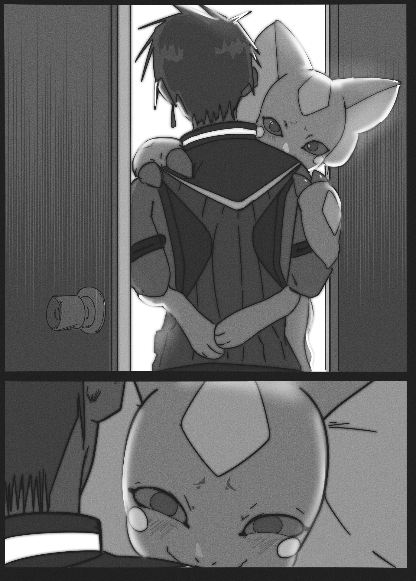 dan de lion, elizamon, owen dreadnought, digimon, 1boy, blush, carrying, couple, digimon (creature), embarrassed, imminent penetration, leg lock, looking at viewer, smile