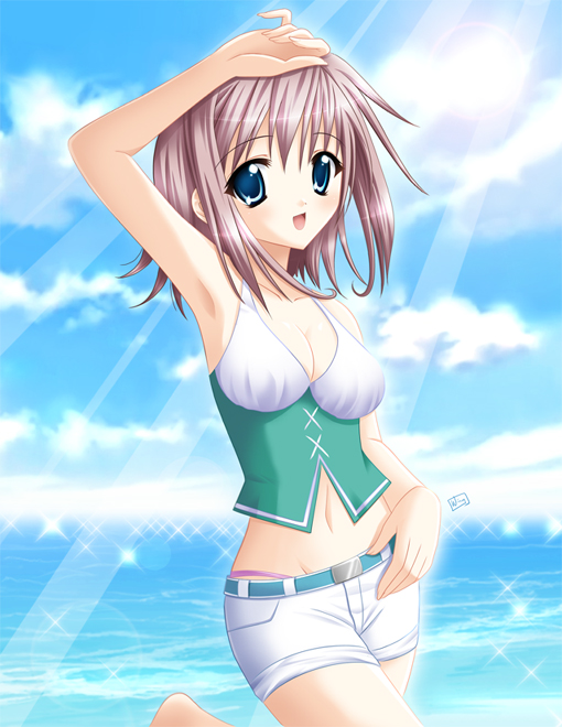 wing yun man, game cg, 1girl, :d, armpits, beach, blue eyes, breasts, brown hair, cleavage, cloud, day, female focus, large breasts, midriff, navel, open mouth, outdoors, short shorts, shorts, sky, smile, solo, wings
