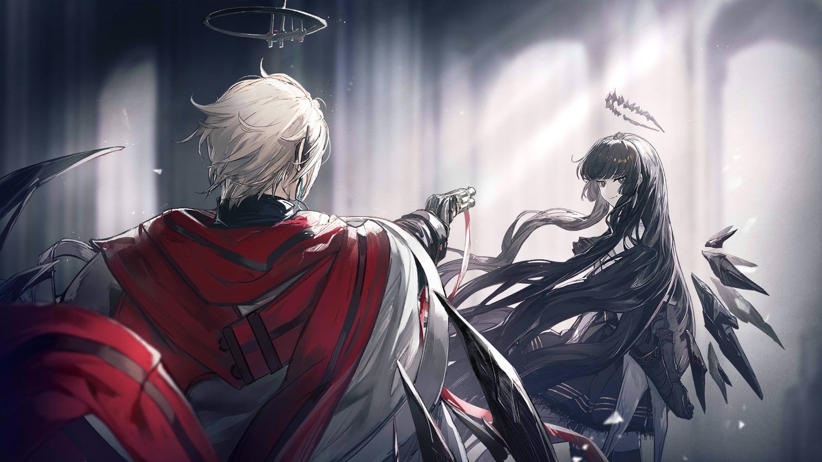 ryuuzaki ichi, executor (arknights), executor the ex foedere (arknights), virtuosa (arknights), arknights, game cg, highres, official art, third-party source, 1boy, 1girl, aiming, aiming at another, ascot, black ascot, black eyes, black gloves, black hair, black halo, black skirt, black wings, blonde hair, cousins, crystal wings, detached wings, earpiece, floating hair, floating scarf, gloves, gun, halo, holding, holding gun, holding weapon, long hair, long sleeves, looking at another, radio antenna, red scarf, scarf, short hair, skirt, very long hair, weapon, wings
