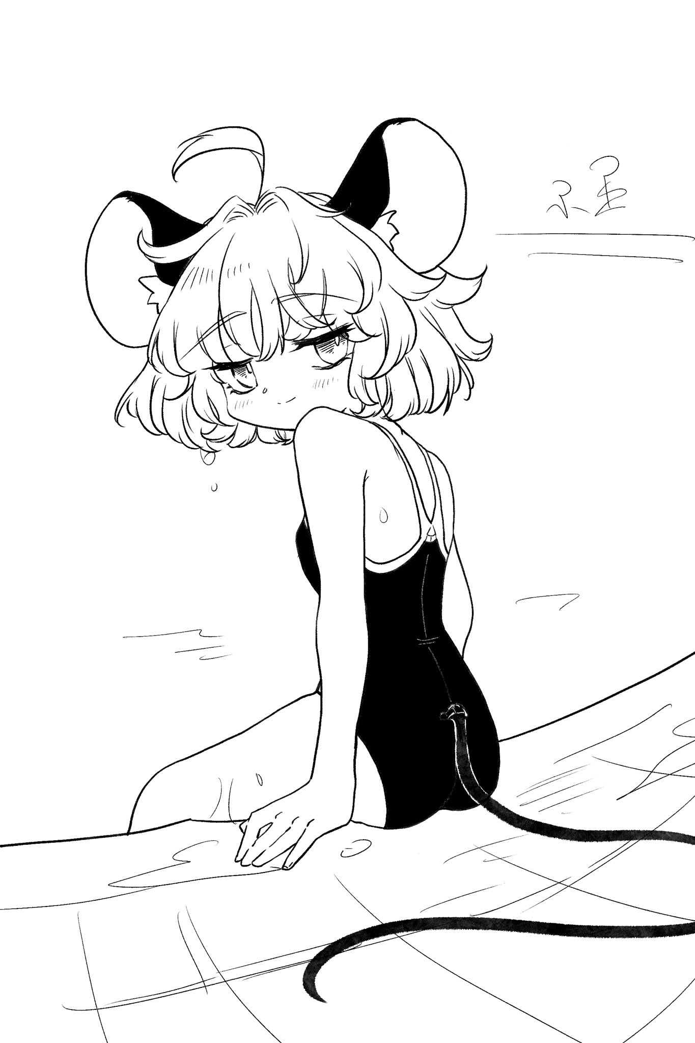 kakigoori (xm3lz), nazrin, touhou, highres, 1girl, ahoge, animal ears, arm support, from behind, greyscale, looking at viewer, looking back, monochrome, mouse ears, mouse girl, mouse tail, one-piece swimsuit, poolside, short hair, sketch, solo, swimsuit, tail