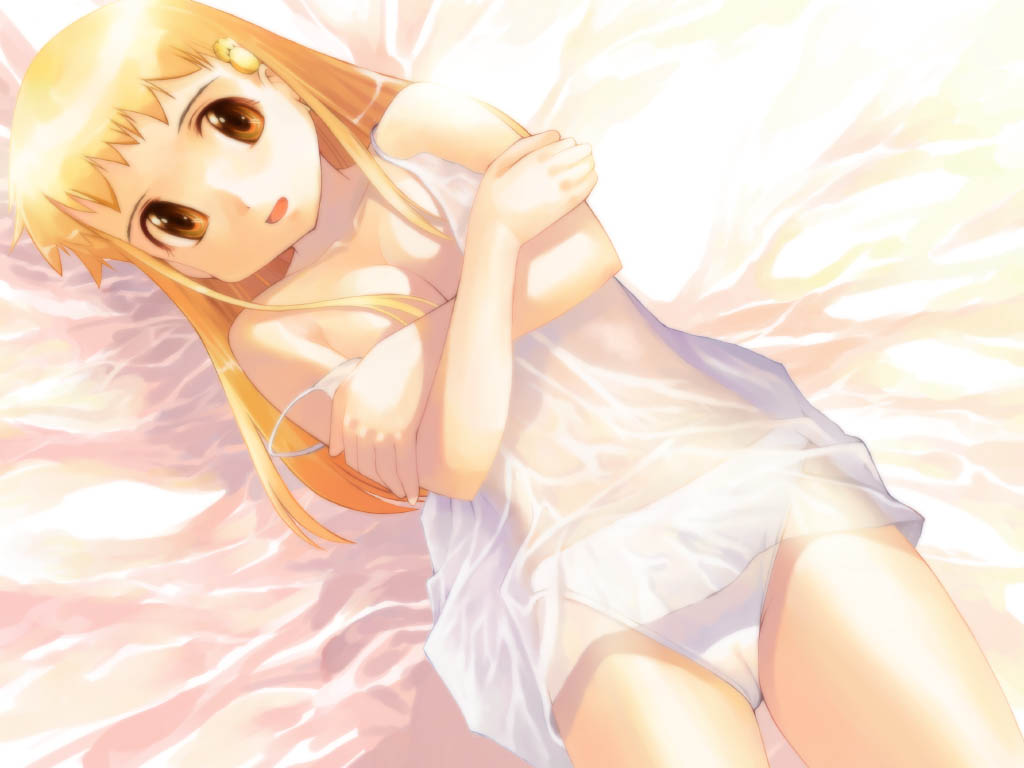 original, artist request, 1girl, bed, blonde hair, brown eyes, covering breasts, covering privates, crossed arms, female focus, hair ornament, loli, long hair, lying, on back, open mouth, panties, see-through clothes, solo, underwear, white panties