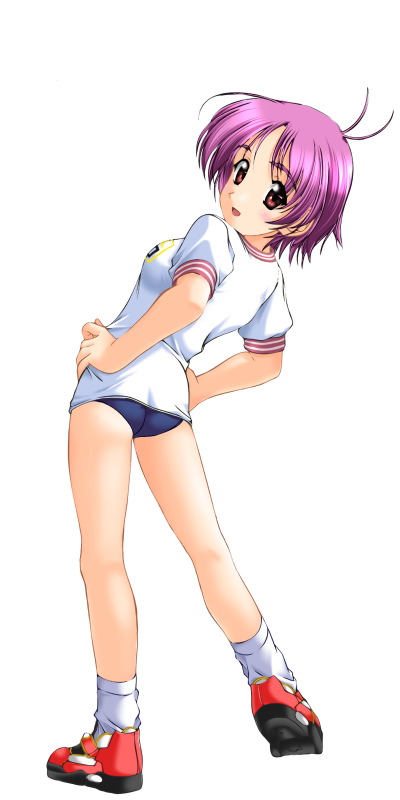 artist request, character request, 1girl, ahoge, antenna hair, ass, back, blush, breasts, buruma, female focus, from behind, full body, gym uniform, hands on own hips, kneepits, leaning back, legs apart, looking at viewer, looking back, medium breasts, open mouth, pink hair, red eyes, red shoes, shirt, shoes, short hair, short sleeves, simple background, smile, sneakers, socks, solo, standing, stretching, white background, white shirt, white shoes, white socks