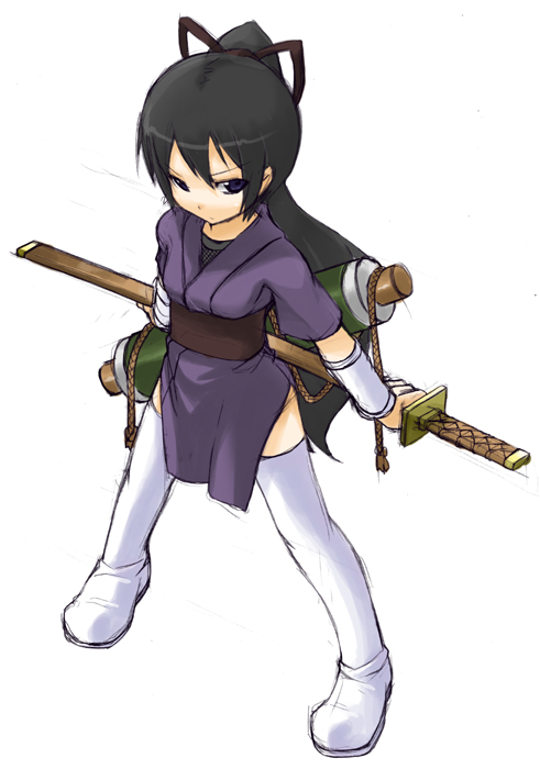 shiratama dango, original, 1girl, female focus, from above, japanese clothes, katana, ninja, sheath, sheathed, solo, sword, thighhighs, weapon, zettai ryouiki