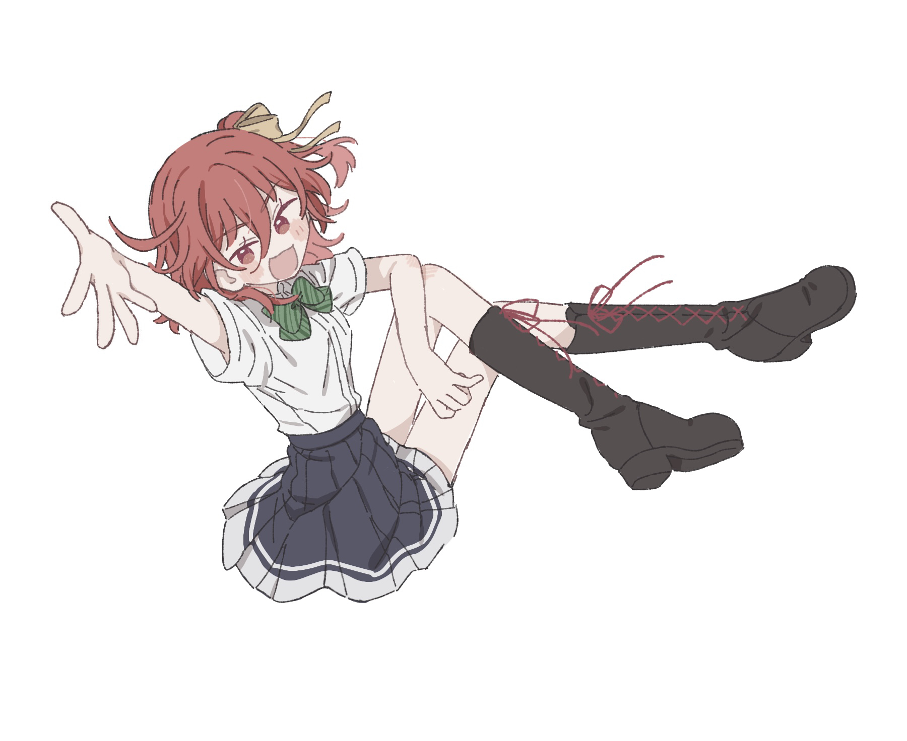 ousaka akane, ongeki, highres, 1girl, :d, black boots, black skirt, blazer, blush, boots, bow, bowtie, breasts, cape, collared shirt, diagonal-striped bow, diagonal-striped bowtie, diagonal-striped clothes, full body, green bow, green bowtie, hair between eyes, hair ribbon, jacket, knee boots, lace-up boots, long sleeves, looking at viewer, medium hair, miniskirt, one side up, open mouth, pleated skirt, reaching, reaching towards viewer, red cape, red eyes, red hair, ribbon, school uniform, shirt, short sleeves, simple background, skirt, small breasts, smile, solo, striped bow, striped bowtie, striped clothes, user xung8854, white jacket, white shirt, yellow ribbon