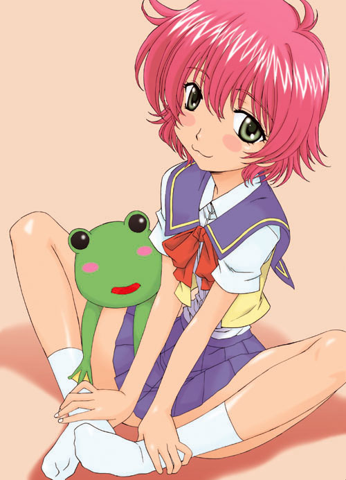 hanzaki jirou, anita king, r.o.d the tv, read or die, 00s, 1girl, :d, blush stickers, bob cut, bow, child, female focus, flat chest, frog, grey eyes, open mouth, pink hair, pleated skirt, school uniform, serafuku, shadow, short hair, sitting, skirt, smile, socks, solo, spread legs, stuffed animal, stuffed frog, stuffed toy
