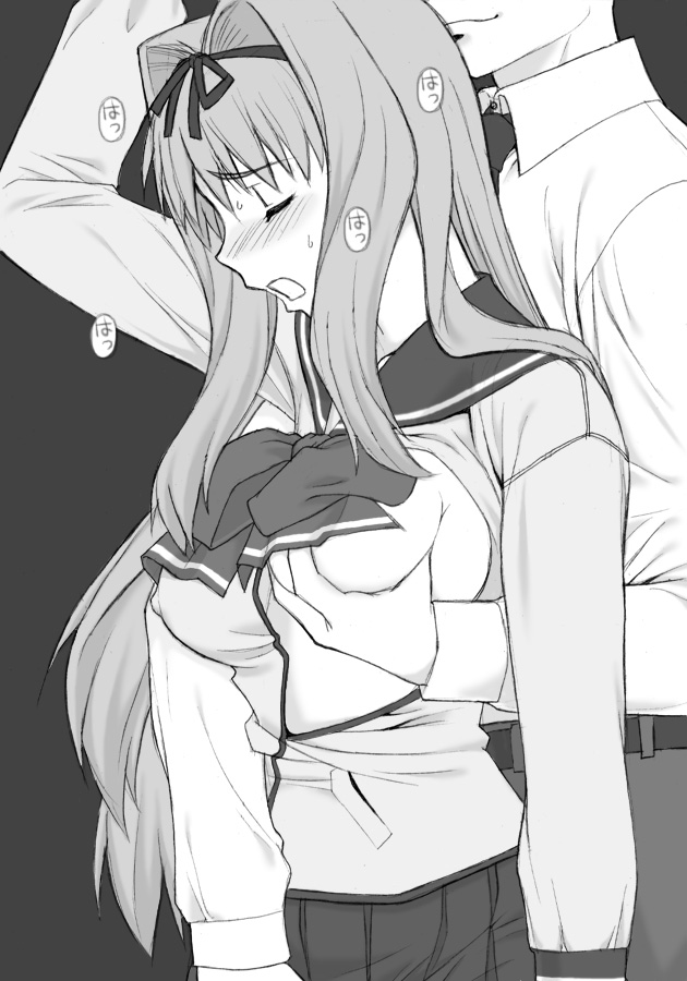 shichimenchou, kusugawa sasara, to heart, to heart (series), to heart 2, 00s, 1girl, breasts, fingering, grabbing another's breast, greyscale, groping, large breasts, monochrome, pleated skirt, school uniform, serafuku, skirt, solo focus, unzipped