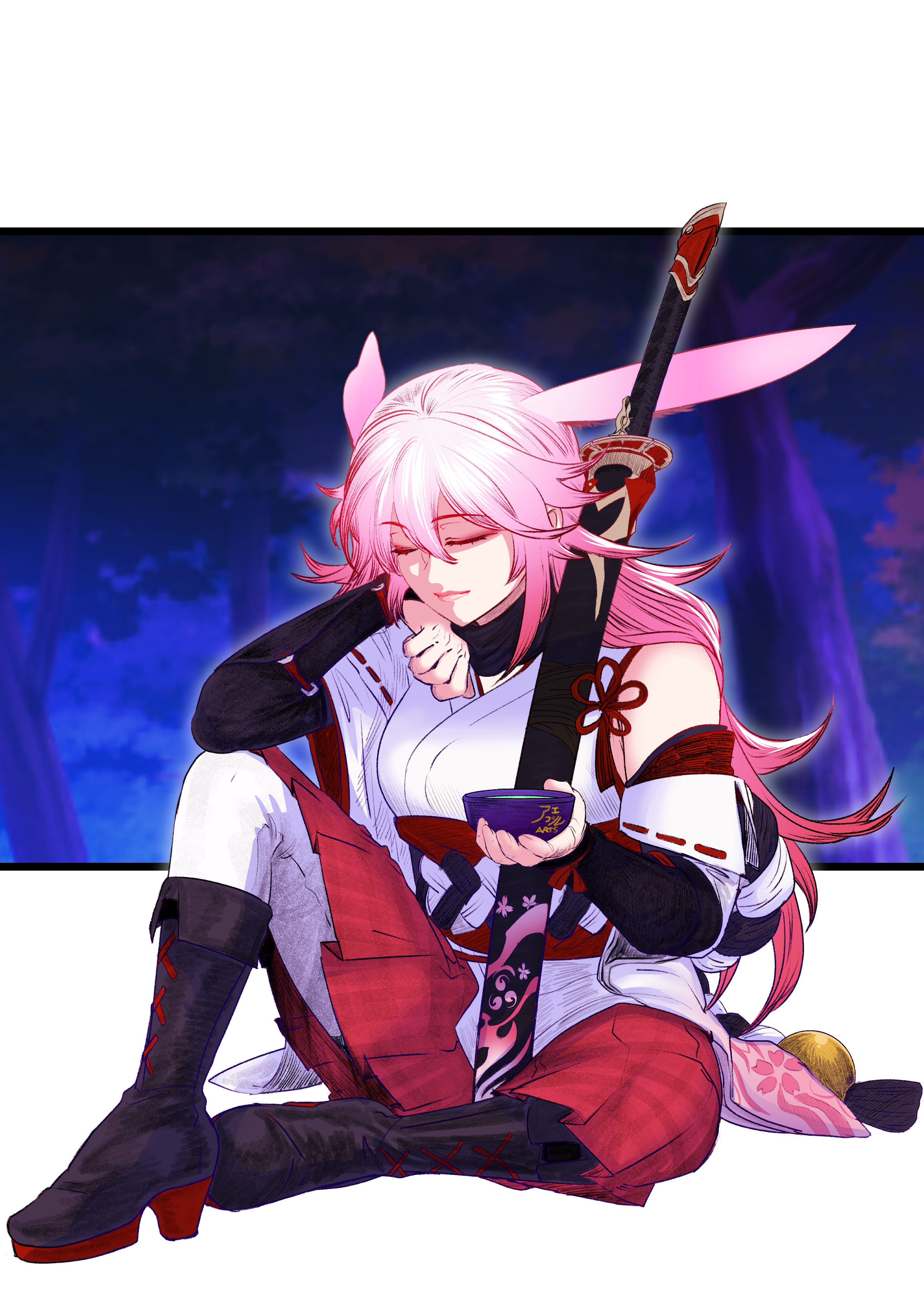 aepuru arts, yae sakura, yae sakura (gyakushinn miko), honkai (series), honkai impact 3rd, absurdres, commentary, english commentary, highres, 1girl, animal ears, bare shoulders, closed eyes, closed mouth, cup, detached sleeves, forest, fox ears, full body, holding, holding cup, japanese clothes, katana, kimono, lips, long hair, nature, night, night sky, nontraditional miko, obi, pink hair, pink skirt, pleated skirt, sash, sheath, sheathed, short kimono, skirt, sky, smile, sword, tea, thighhighs, tree, weapon, white kimono, white sleeves, white thighhighs