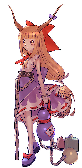 sakamoto mineji, ibuki suika, touhou, 1girl, blouse, blunt bangs, bow, chain, female focus, full body, gourd, hair bow, horn ornament, horn ribbon, horns, large bow, long hair, low-tied long hair, orange eyes, orange hair, purple shoes, ribbon, ribbon-trimmed skirt, ribbon trim, shirt, shoes, simple background, skirt, sleeveless, sleeveless shirt, smile, socks, solo, standing, torn clothes, torn shirt, very long hair, white background, white shirt, white socks