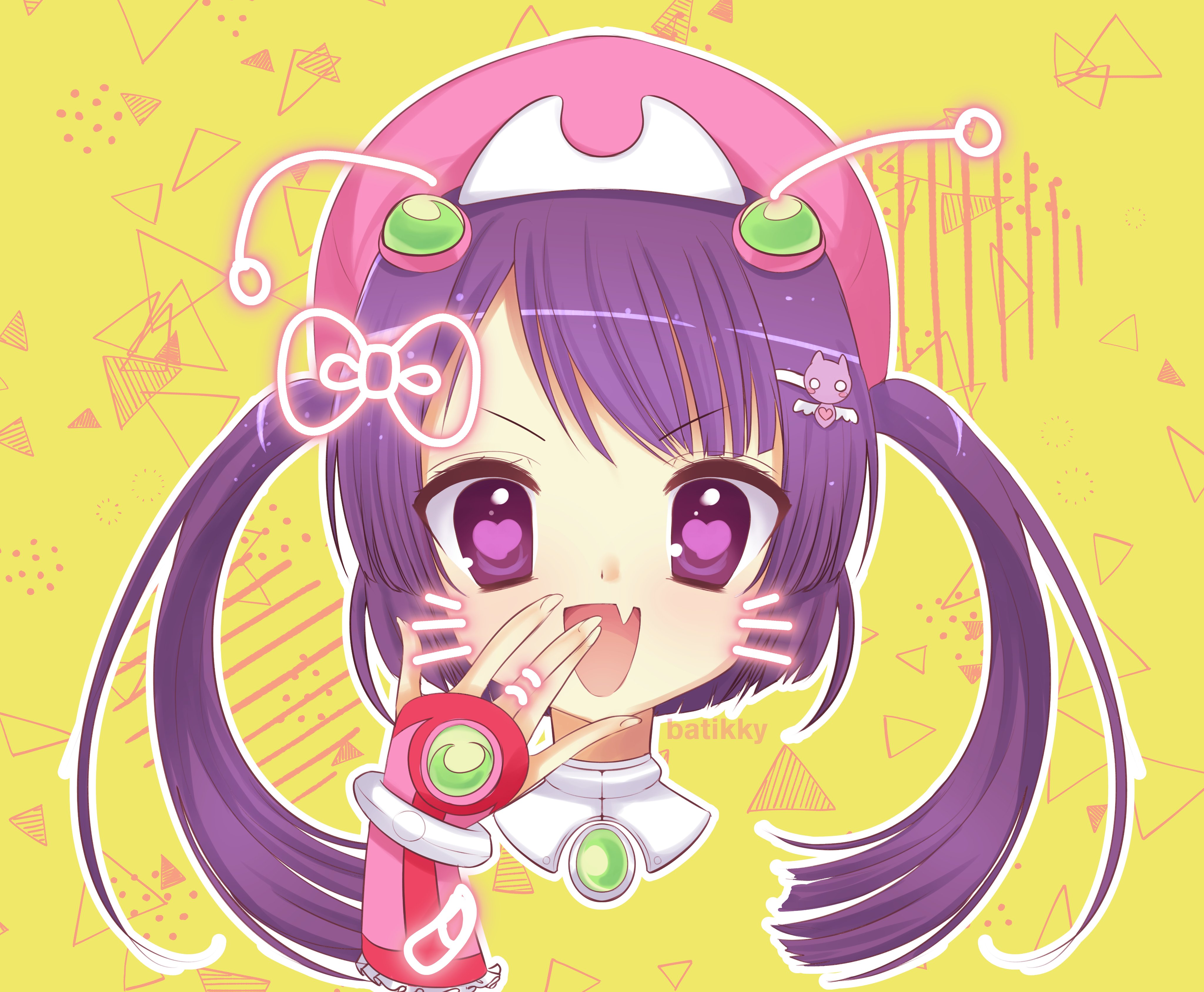 batikky, tone rion, vocaloid, absurdres, commentary request, highres, 1990s (style), 1girl, :d, artist name, bright pupils, cropped head, drawn bow, drawn whiskers, fang, fingerless gloves, fingernails, gloves, green brooch, hair ornament, halftone, halftone background, hand up, hat, heart, heart-shaped pupils, long hair, looking at viewer, open mouth, outline, pink gloves, pink hat, pink pupils, purple eyes, purple hair, retro artstyle, simple background, skin fang, smile, solo, straight-on, swept bangs, symbol-shaped pupils, tongue, triangle, twintails, v-shaped eyebrows, white outline, yellow background