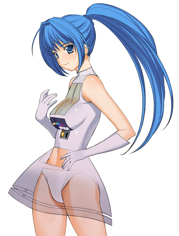 a1 (initial-g), hayase mitsuki, kimi ga nozomu eien, 00s, 1girl, blue eyes, blue hair, clothing cutout, female focus, gloves, long hair, matching hair/eyes, midriff, navel, navel cutout, panties, ponytail, see-through clothes, simple background, skirt, solo, standing, underwear, white background, white gloves, white panties, x-ray