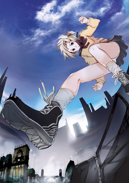 princess spirit, original, 1girl, blonde hair, cloud, day, female focus, from below, jumping, long sleeves, miniskirt, panties, pantyshot, ribbon, school uniform, serafuku, shirt, shoes, skirt, sky, socks, solo, underwear, upskirt, white panties