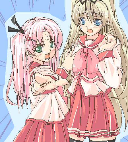 ichino, kusugawa sasara, maaryan (to heart), to heart (series), to heart 2, lowres, 00s, 2girls, blonde hair, breasts, grabbing another's breast, groping, large breasts, multiple girls, oekaki, pleated skirt, school uniform, serafuku, skirt