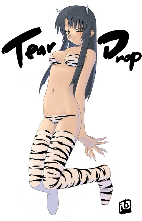 tsuina, kashiwagi chizuru, kizuato, striped, 1girl, animal print, bikini, demon girl, female focus, fingernails, horns, long fingernails, lowleg, lowleg bikini, lowleg panties, multi-colored panties, multicolored panties, nail (hardware), navel, oni, panties, print bikini, setsubun, solo, swimsuit, thighhighs, underwear, zebra print