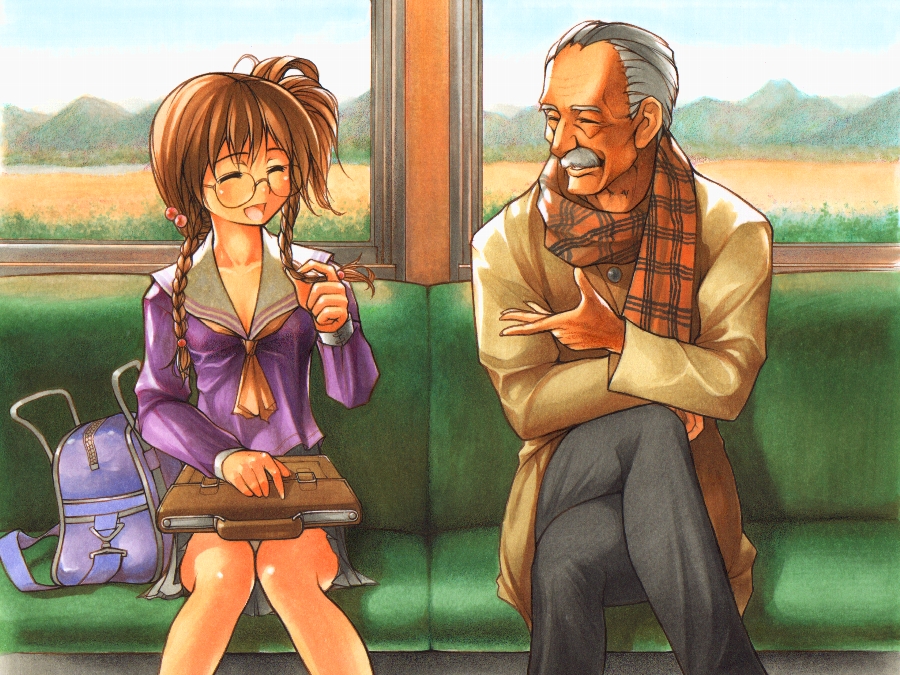 himehajime, jiji (aardvark), onono imoko, 1boy, 1girl, age difference, bag, braid, brown hair, closed eyes, coat, crossed legs, facial hair, field, glasses, grey hair, hair bobbles, hair ornament, knees together feet apart, laughing, mountain, mustache, old, old man, open mouth, scarf, school bag, school uniform, serafuku, sitting, smile, talking, tote bag, train, train interior, twin braids, twintails, twirling hair, window