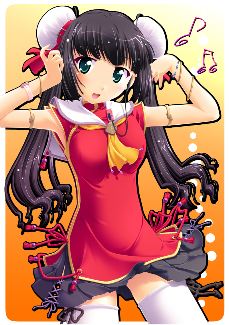 simk, yamabuki zarame, original, 1girl, bun cover, china dress, chinese clothes, double bun, dress, female focus, hair bun, sailor collar, solo, thighhighs, twintails