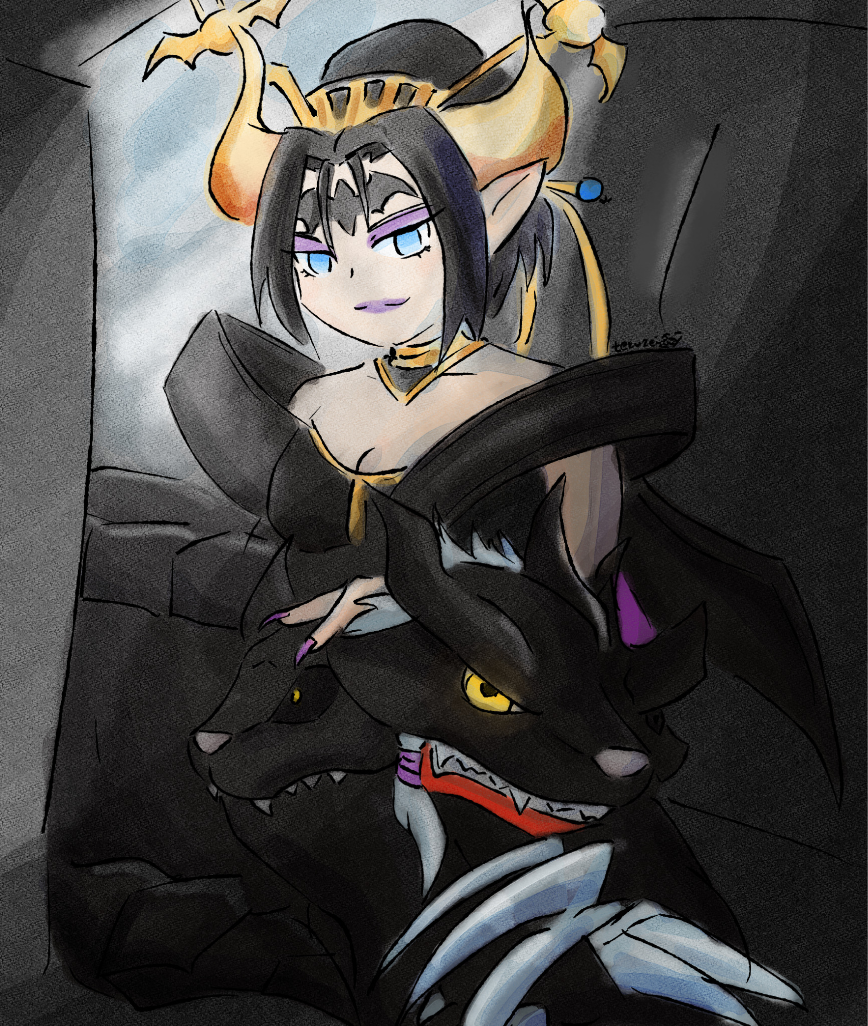 tezuze, cerberumon, lilithmon, digimon, digimon ghost game, demon, demon girl, digimon (creature), lipstick, makeup, mark of evil, nail polish, pointy ears, wings, yellow eyes