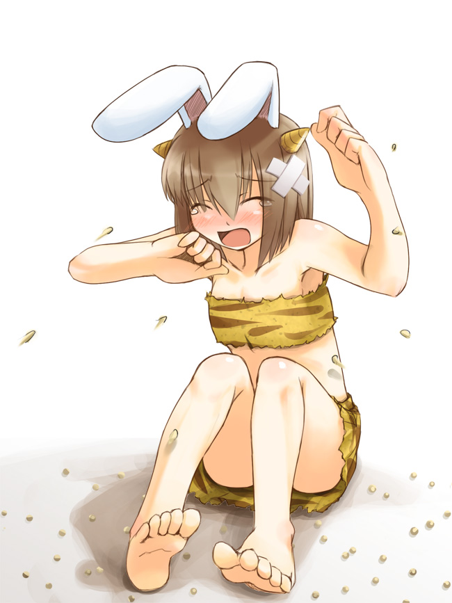 jirou (chekoro), original, 1girl, animal ears, animal print, barefoot, beans, demon girl, feet, female focus, horns, mamemaki, oni, rabbit ears, setsubun, soles, solo, tears, tiger print, toes
