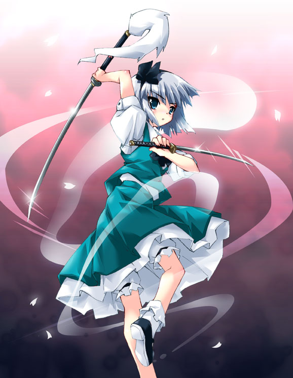 petenshi (dr. vermilion), konpaku youmu, konpaku youmu (ghost), touhou, silver hair, 1girl, :o, aqua eyes, bloomers, blush, bobby socks, body blush, bow, bowtie, cherry blossoms, dancing, dual wielding, female focus, from behind, glint, gradient background, hitodama, holding, katana, looking at viewer, looking back, petals, pink background, purple background, shiny skin, shoes, skirt, skirt set, socks, solo, sword, underwear, vest, weapon, white background, white bloomers, white socks
