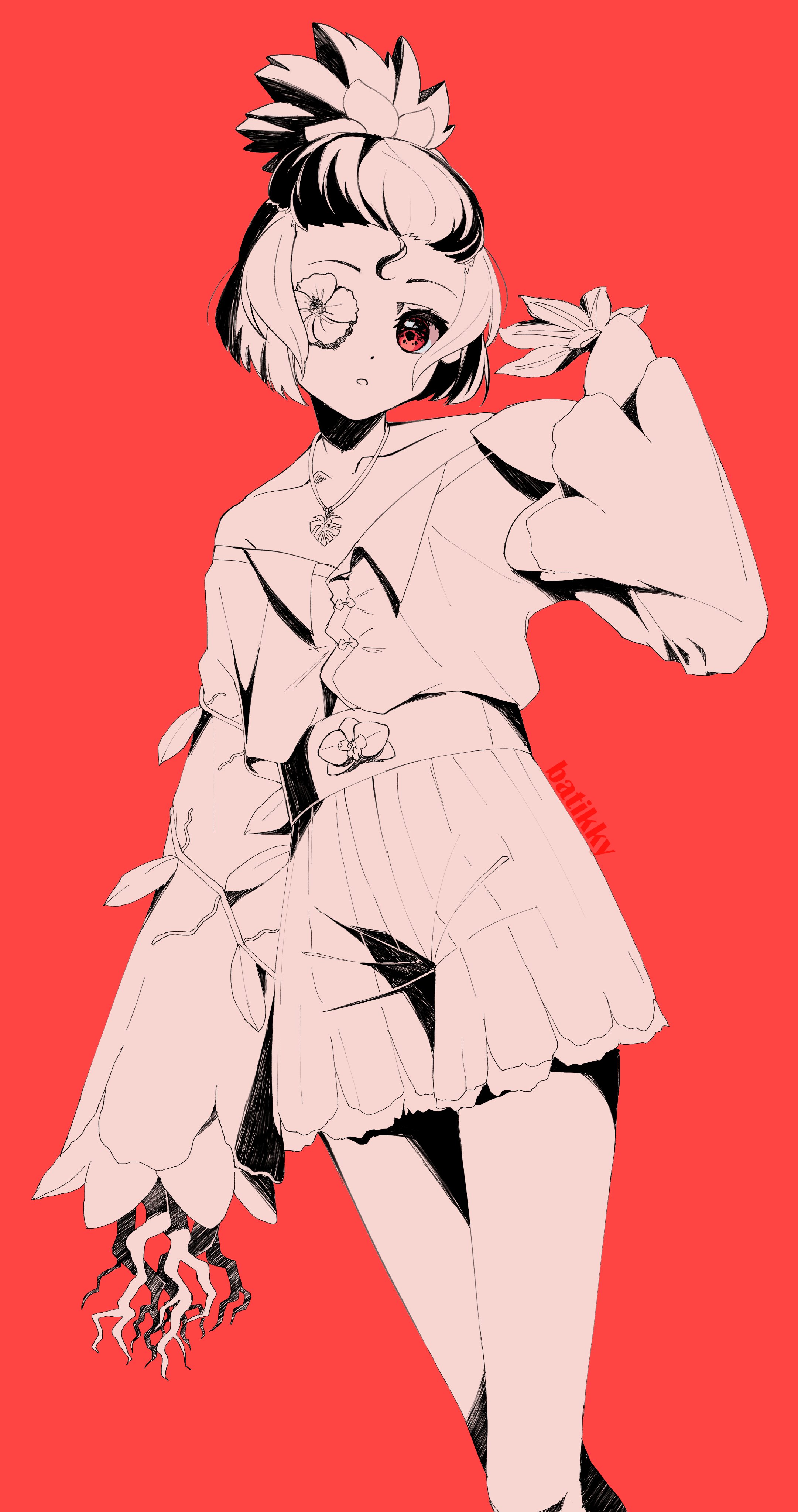 batikky, original, absurdres, commentary, highres, 1girl, bare shoulders, branch, buttons, collarbone, collared shirt, cowboy shot, crossed legs, flat chest, flower, flower-trimmed sleeves, flower over eye, from below, high-waist shorts, high contrast, high ponytail, jewelry, long sleeves, looking at viewer, necklace, off-shoulder shirt, off shoulder, parted lips, ponytail, puffy long sleeves, puffy sleeves, red background, red eyes, shirt, shirt tucked in, short hair, short ponytail, shorts, simple background, solo, standing