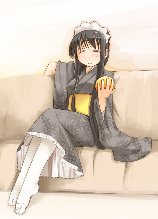 jirou (chekoro), original, 1girl, black hair, closed eyes, feet, female focus, food, fruit, headdress, holding, holding food, holding fruit, japanese clothes, kneehighs, long hair, mandarin orange, orange (fruit), pantyhose, sitting, socks, solo, toes, white socks