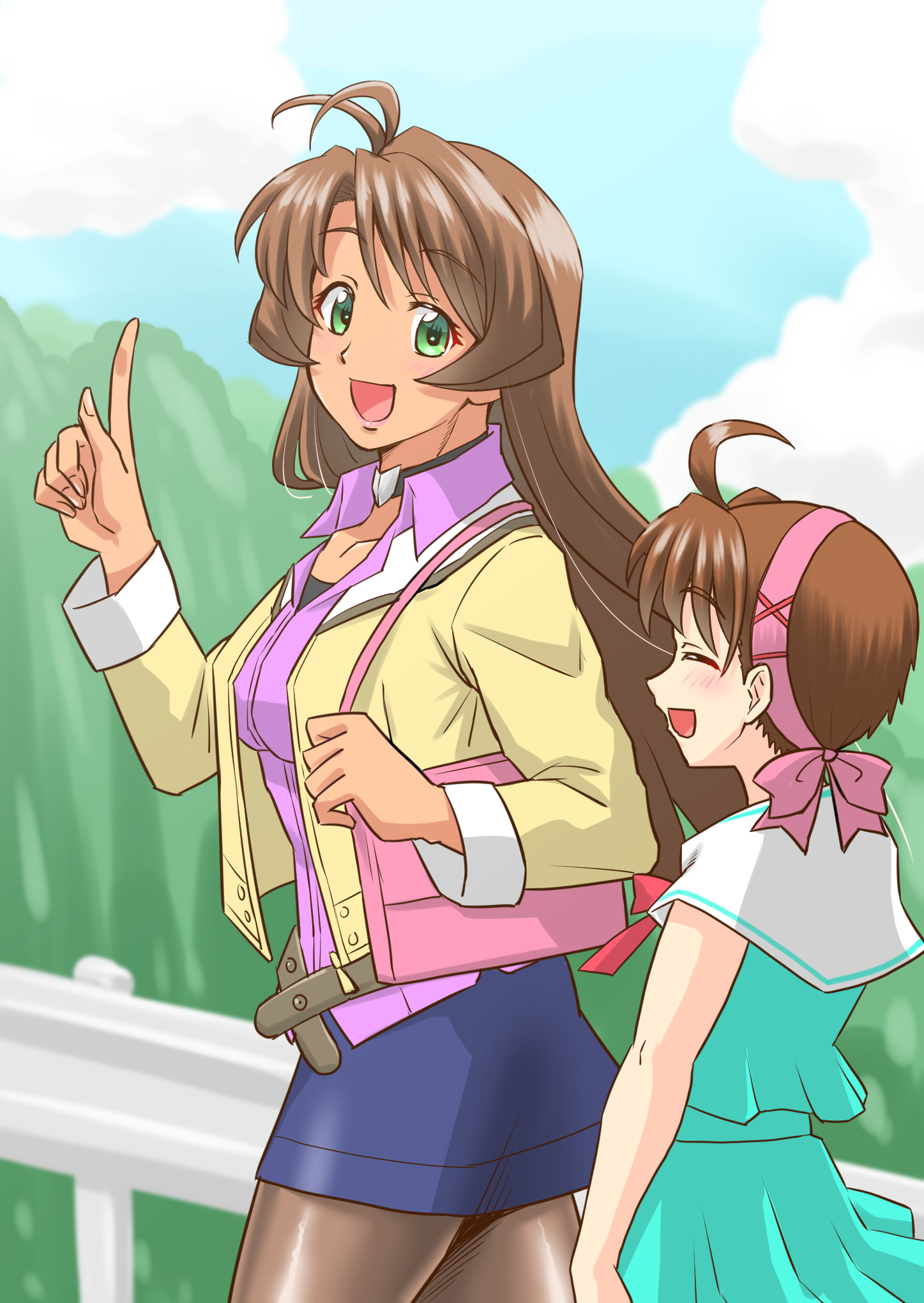 amawa hibiki, kuzuha fuuko, i my me strawberry eggs, highres, 2girls, ahoge, brown hair, choker, crossdressing, crossdressing (mtf), dark-skinned female, dark skin, green eyes, hairband, kk sub2, long hair, multiple girls, open mouth, pink hairband, school uniform, short hair, skirt, smile, trap