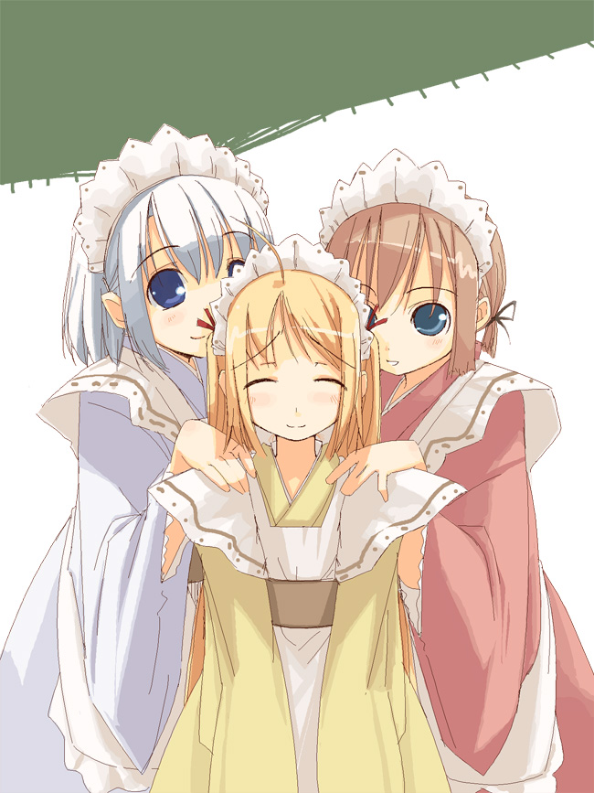 jirou (chekoro), silver hair, 3girls, ahoge, apron, blonde hair, blue eyes, blush, brown hair, closed eyes, facing viewer, hand on another's shoulder, japanese clothes, kimono, long hair, looking at viewer, maid, maid apron, maid headdress, multiple girls, short hair, simple background, wa maid