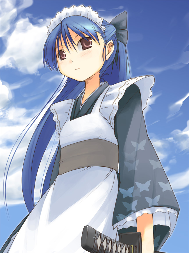 jirou (chekoro), original, 1girl, day, female focus, japanese clothes, katana, maid, sky, solo, sword, wa maid, weapon