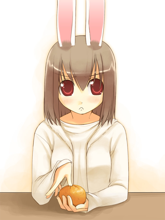 jirou (chekoro), original, 1girl, animal ears, female focus, food, fruit, holding, holding food, holding fruit, mandarin orange, rabbit ears, solo