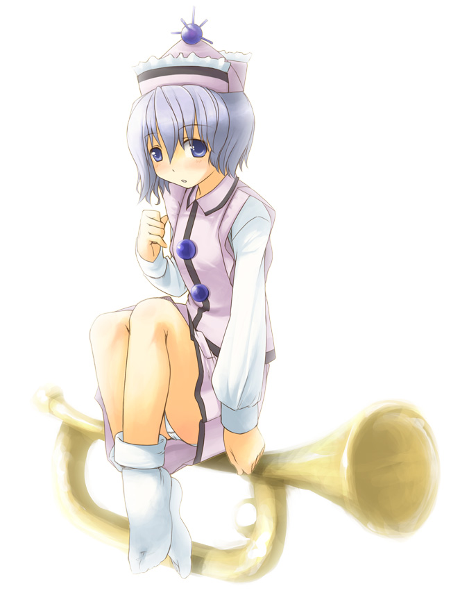 jirou (chekoro), merlin prismriver, touhou, silver hair, 1girl, blouse, blue eyes, blush, female focus, hat, instrument, panties, pantyshot, shirt, simple background, skirt, socks, solo, trumpet, underwear, upskirt, white panties
