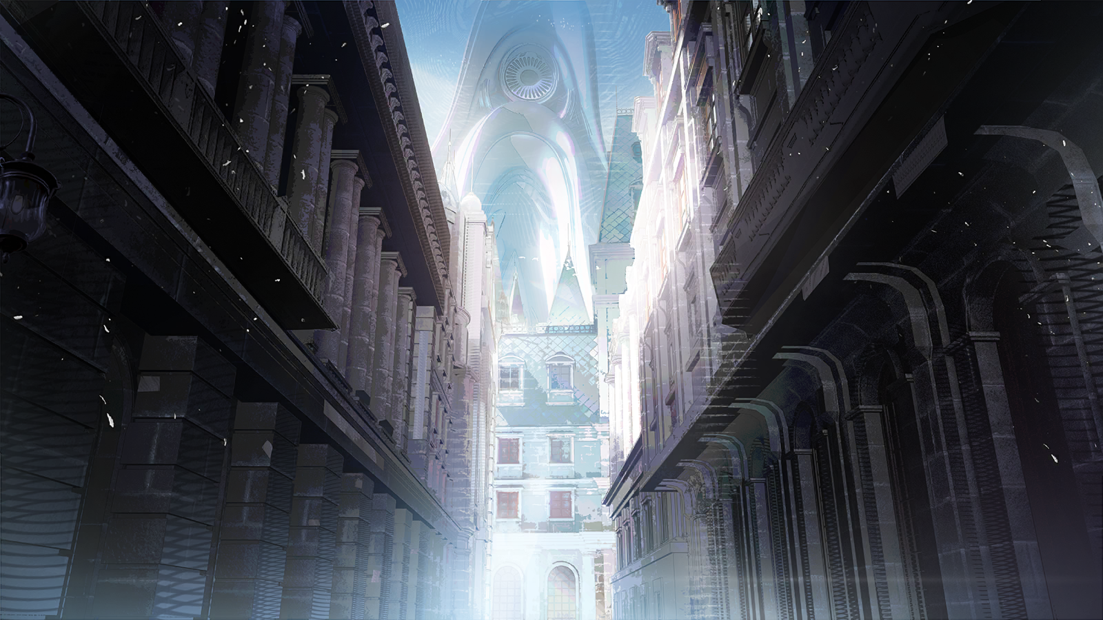 arknights, game cg, highres, official art, third-party source, blue sky, building, church, column, no humans, outdoors, pillar, scenery, sky, vanishing point