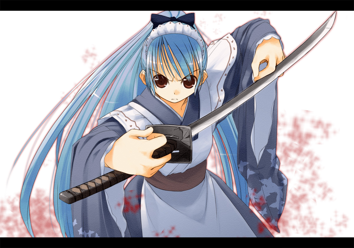 jirou (chekoro), original, 1girl, blood, blue hair, female focus, japanese clothes, katana, letterboxed, maid, maid headdress, ponytail, solo, sword, wa maid, weapon
