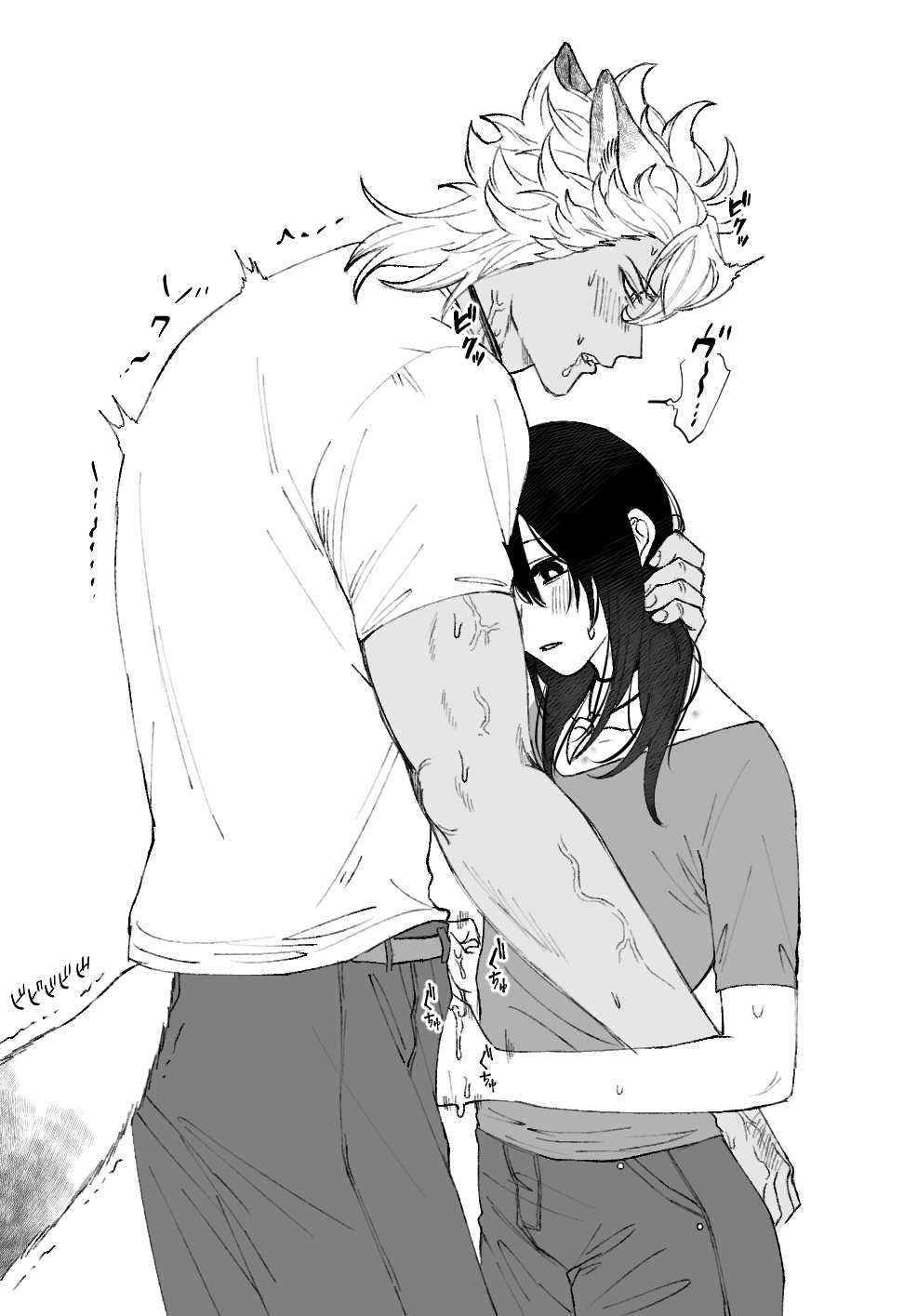kmkm puddiiiing, jack howl, yuu (twisted wonderland), twisted wonderland, commentary request, highres, 1boy, 1girl, animal ears, blush, cowboy shot, cum, double handjob, drooling, ears down, ejaculation, greyscale, hand in another's hair, handjob, hetero, hickey, looking at another, monochrome, saliva, shirt, simple background, standing, tail, trembling, twitching, veins, white background, wolf boy, wolf ears, wolf tail