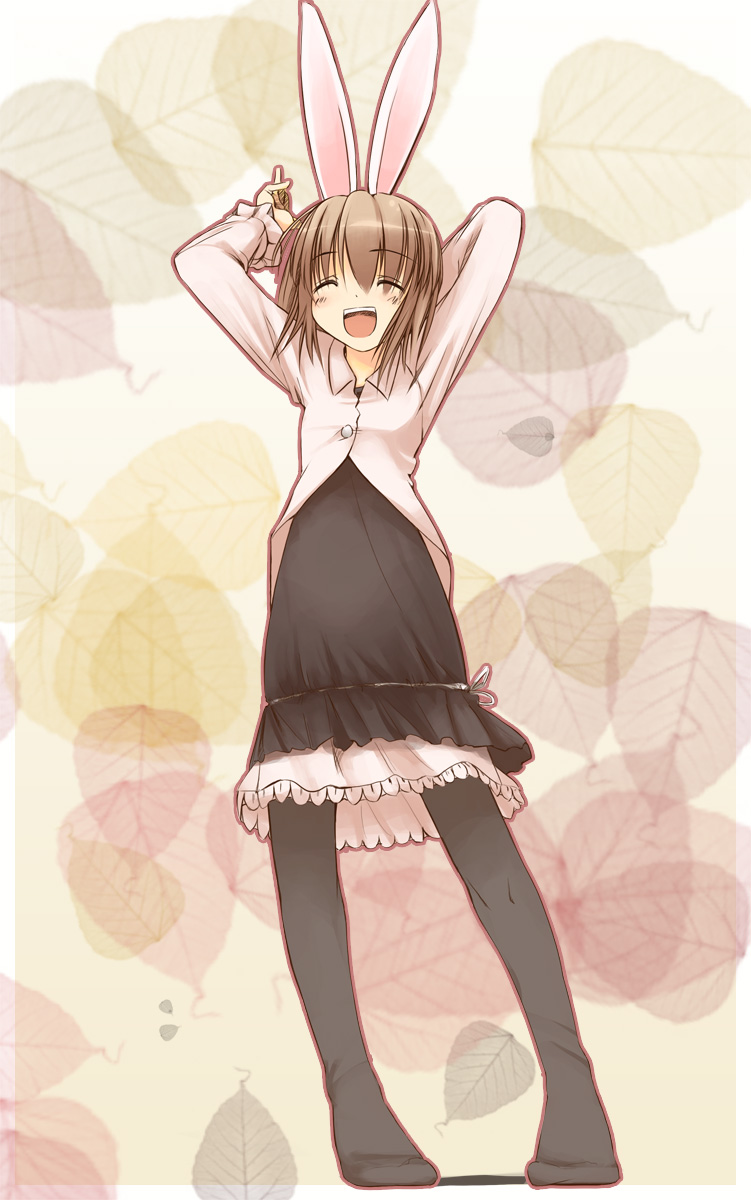 jirou (chekoro), original, highres, 1girl, animal ears, arms up, brown hair, closed eyes, female focus, no shoes, open mouth, pantyhose, rabbit ears, solo