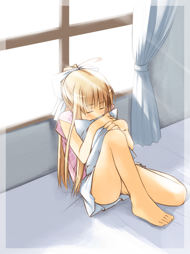 jirou (chekoro), kamio misuzu, air (visual novel), 00s, 1girl, barefoot, blonde hair, bow, closed eyes, curtains, feet, female focus, hair bow, hugging object, indoors, knee up, light rays, pillow, pillow hug, sitting, sleeping, solo, toes, window