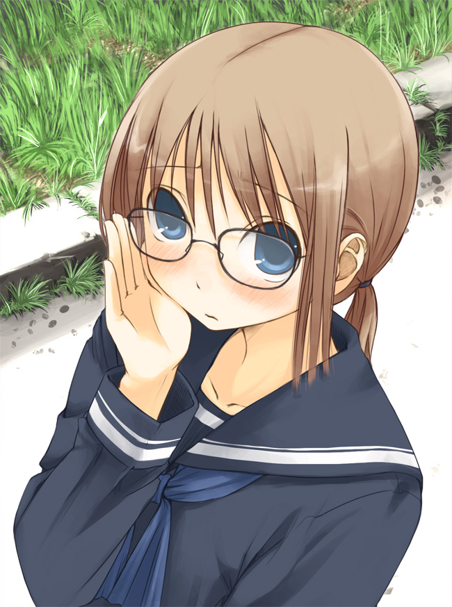 jirou (chekoro), 1girl, adjusting eyewear, blue eyes, blush, brown hair, female focus, from above, glasses, grass, long sleeves, looking at viewer, looking up, school uniform, serafuku, solo