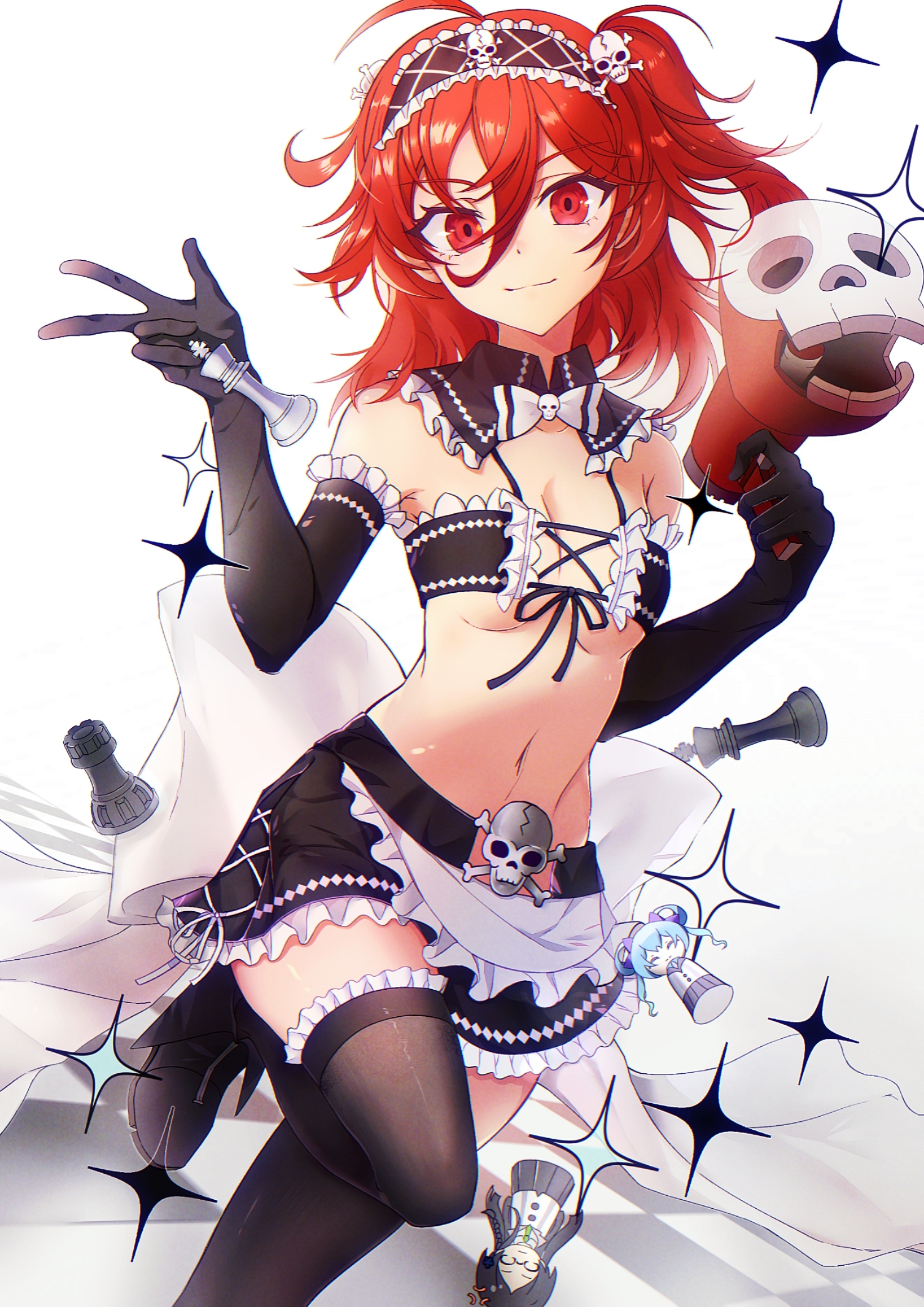 ousaka akane, ongeki, absurdres, highres, bikini, black boots, black thighhighs, boots, bow, bowtie, breasts, chess piece, cleavage, detached collar, detached sleeves, frilled sleeves, frilled thighhighs, frills, gloved sleeves, holding, holding megaphone, maid, maid headdress, megaphone, navel, red eyes, red hair, sinzhengxian, skeleton, swimsuit, thighhighs, white bow, white bowtie
