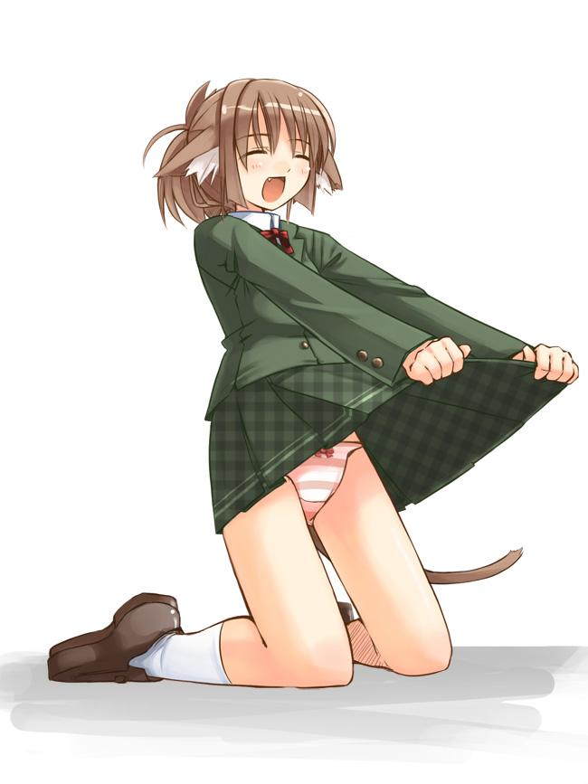 jirou (chekoro), translated, 1girl, animal ears, blazer, blush, bow, bowtie, brown hair, cat ears, cat tail, closed eyes, clothes lift, dress shirt, fang, female focus, jacket, kneeling, lifting own clothes, panties, pink panties, plaid clothes, plaid skirt, school uniform, shirt, shoes, skirt, skirt lift, socks, solo, striped clothes, striped panties, tail, underwear, unmoving pattern, white background
