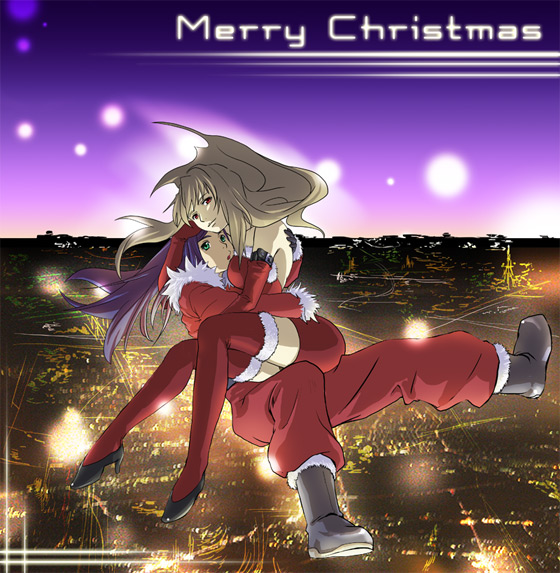 mura, mura (kiyohime), fujino shizuru, kuga natsuki, my-hime, red legwear, 00s, 2girls, blonde hair, blue hair, boots, christmas, fur trim, green eyes, hug, light particles, long hair, merry christmas, multiple girls, red eyes, santa costume, thighhighs
